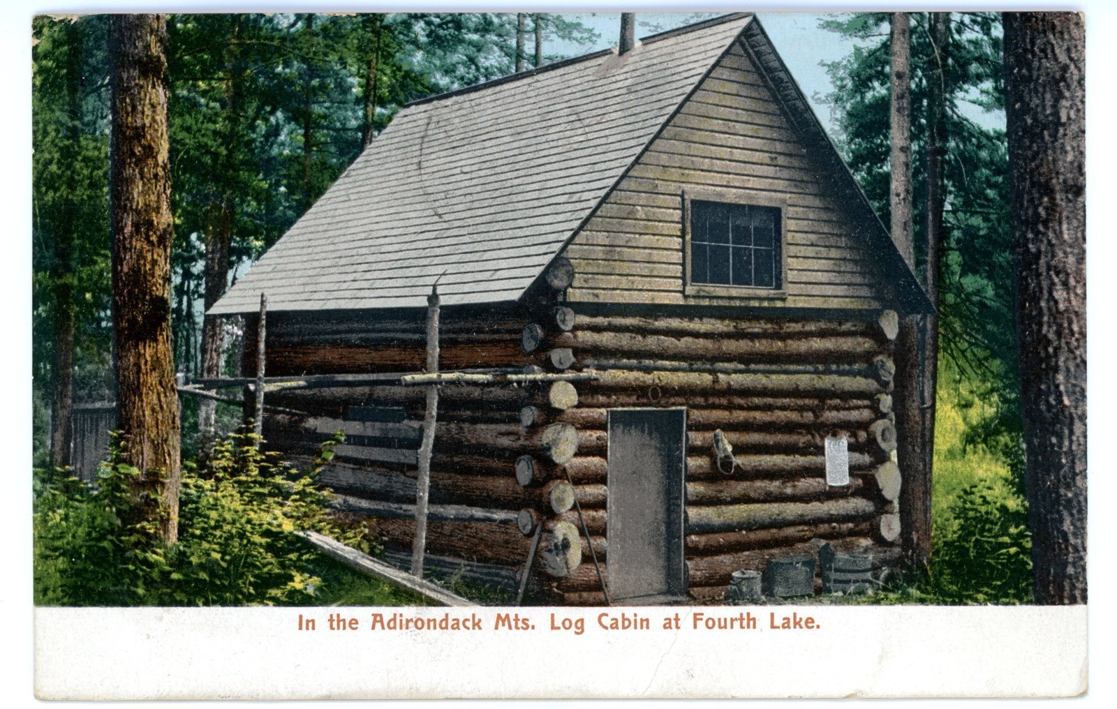 Fourth Lake NY ADIRONDACK MOUNTAIN LOG CABIN Postcard Fulton Chain