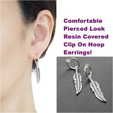  Orecchini pendenti uomo piuma BTS resina invisibile clip su cerchio argento 