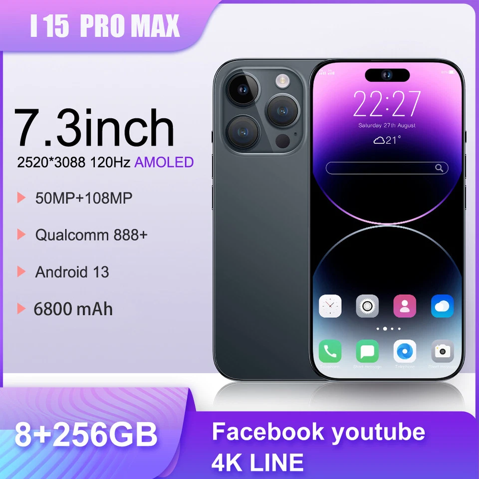 I15 Pro MAX Unlock Dual SIM Smartphone Android  Large Screen 6.8“ 8GB+256GB - Image 3 of 4