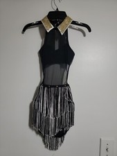 Weissman Girls black Gold studded collar Costume Biketard Sz MC Child Sleeveless