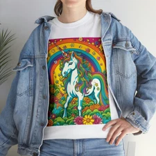 Unisex Heavy Cotton Tee Whimsical Magical Rainbow Unicorn Graphic Retro Style