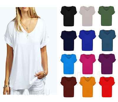 Baggy Fit Oversize-T-Shirt Damen V-Ausschnitt Turn-Up-Ärmel Oberteil locker Fledermaus UK 8 26