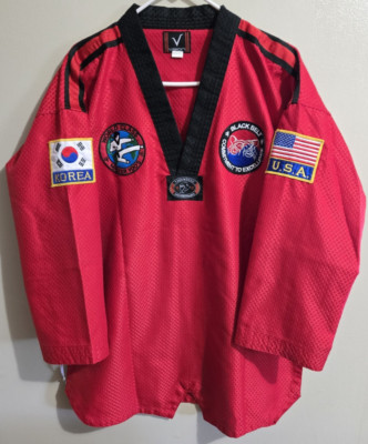 Adult VISION Taekwondo Gi Uniform Size 4/180, RED, Master Yoo Black Belt Patches