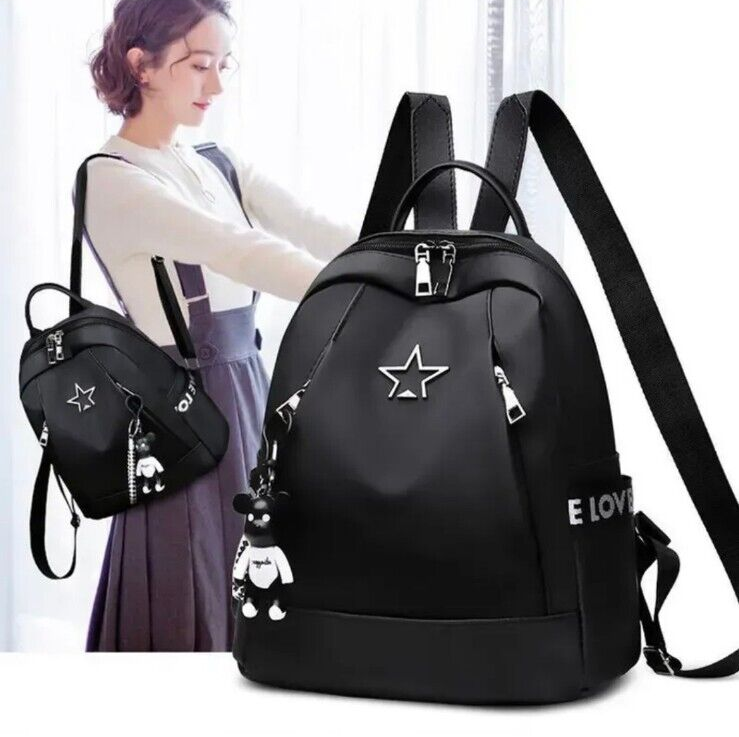 Stylish Black Backpack with Star Accent and Love Canvas Straps T7-image