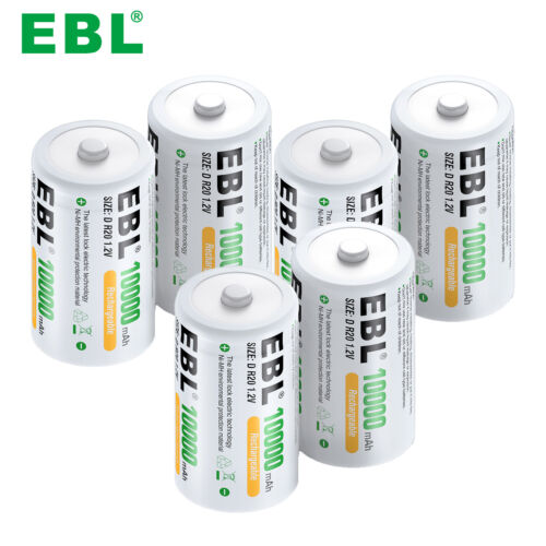 EBL 6x D Battery D Size Rechargeable Batteries 10000mAh Ni-MH Cell