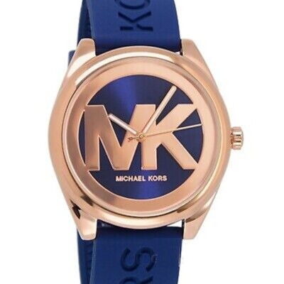 MICHAEL KORS NAVY BLUE JANELLE SILICONE BAND,ROSE GOLD MK LOGO