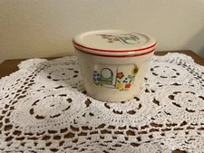 Cambridge Universal Pottery refrigerator dish small chip in lid red stripe 