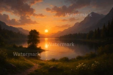 Digital Image Picture Photo Wallpaper Printable AI Art Sunset Lake