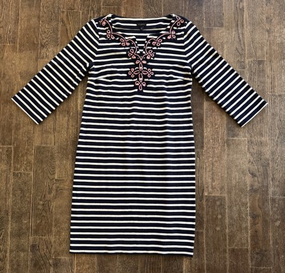 Talbots Classic Dress Navy Blue White Stripe Pink Ribbon Detail Size Medium