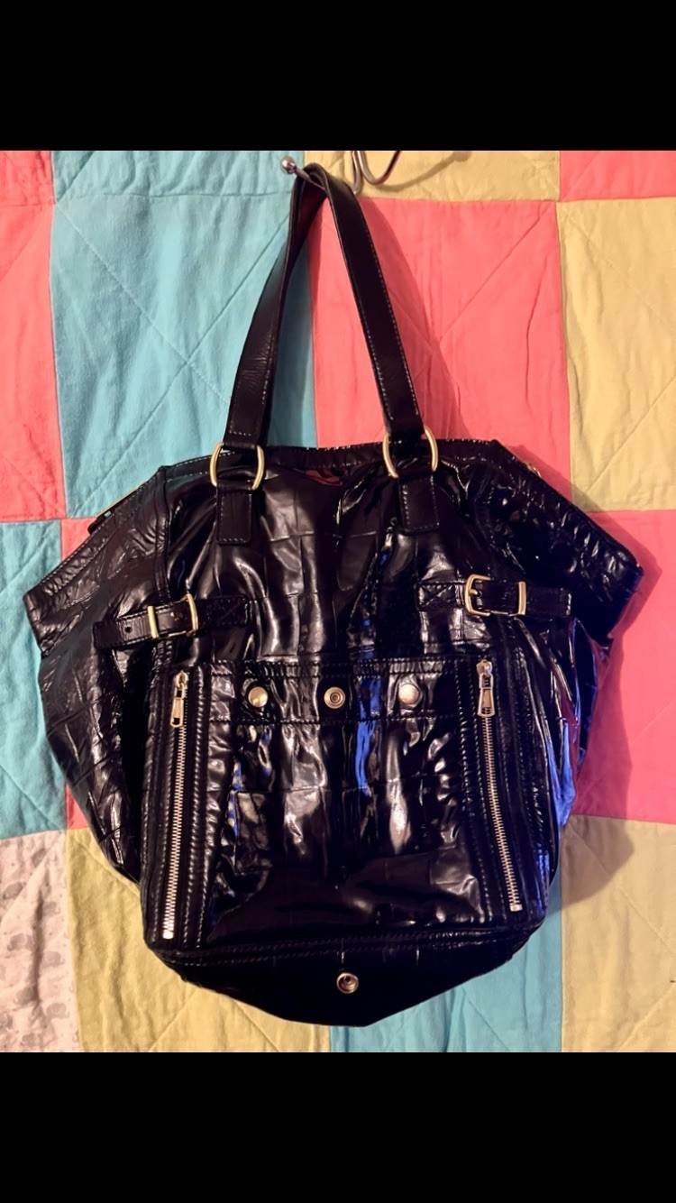 Yves Saint Laurent Black Patent Leather Downtown Tote Handbag Luxury Designer
