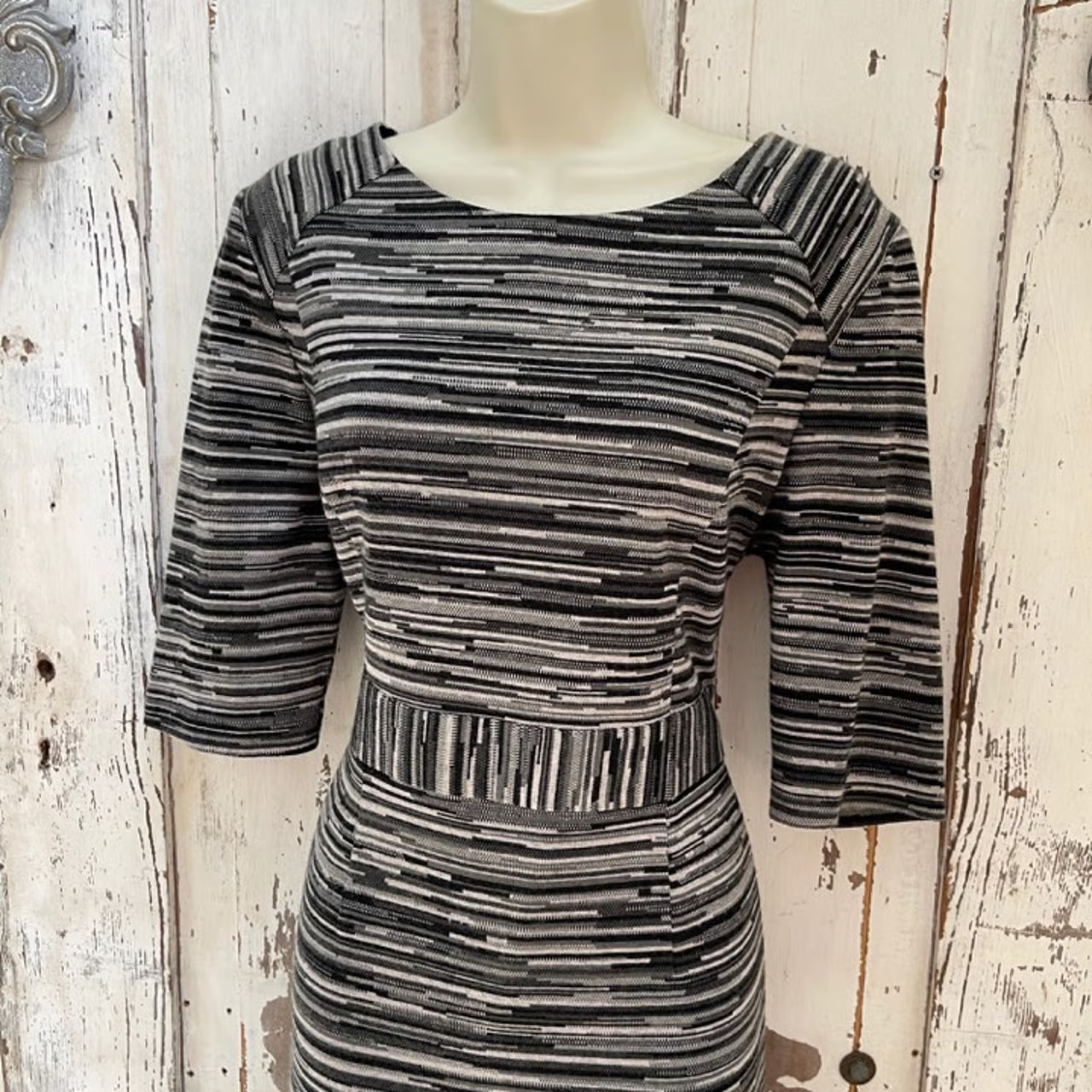 Trina Turk Size 10 Woman's Black Gray Striped Knit Sheath Career Dress