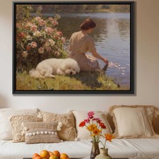 Bichon Frise Oil Painting Dog Canvas Print Living Room Decor Floral Wall Art