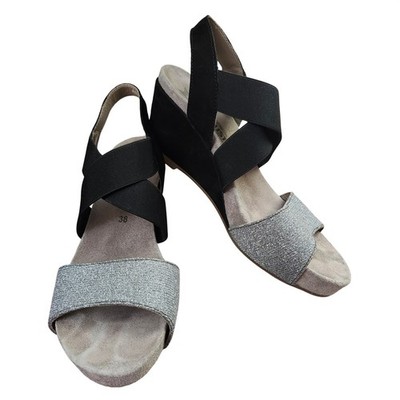 Mephisto Women 38 Black Silver Elastic Wedge Sandals Air-Relax Metallic Platform