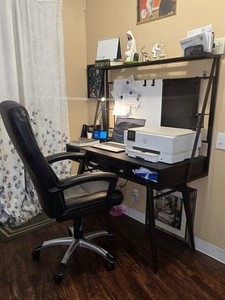 Black Rectangle Computer Desk with Shelving, Printer Shelf, and Office Chair