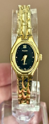 #ad Vtg Ladies Pulsar V810 5680 Black Dial Gold Tone Quartz Watch 6”Band New Battery $34.19