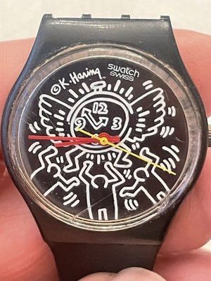 Vintage 1980's Swatch Watch Keith Haring Black Dial Running Fine