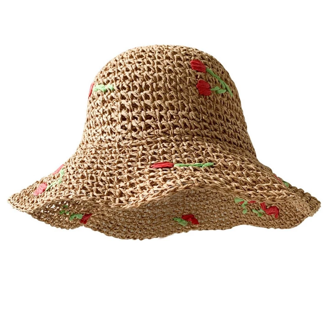 Women Floppy Straw Sun Hat Wide Brim Floral Beach Packable Roll Up Bucket Cap