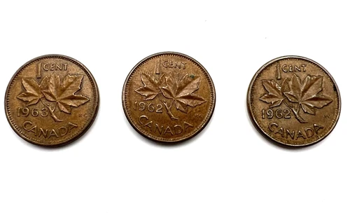 VINTAGE LOT OF 3 1960s CANADA 1 CENT COINS, 1962, 1963
