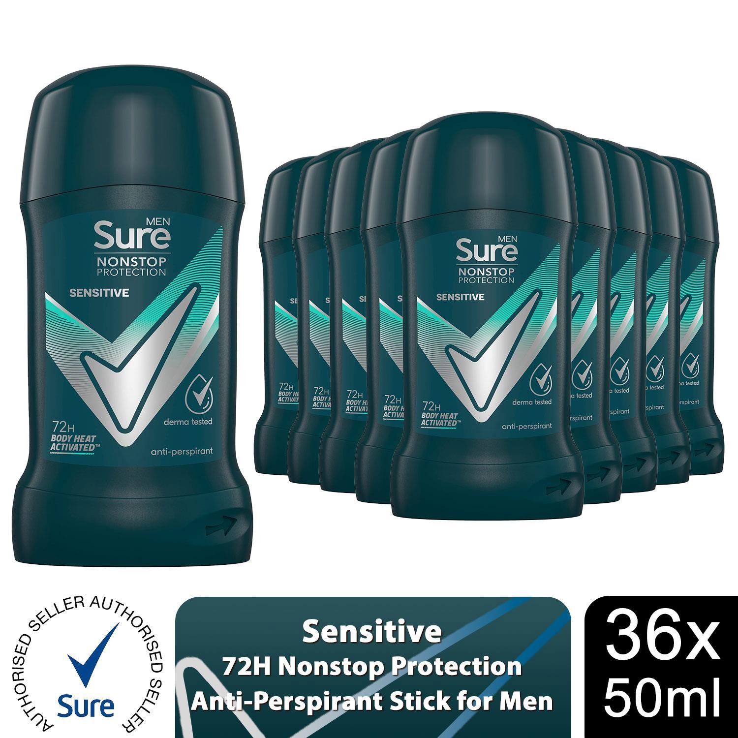 Sure Men AntiPerspirant Deodorant Stick Sensitive 72H Nonstop Protection,36x50ml