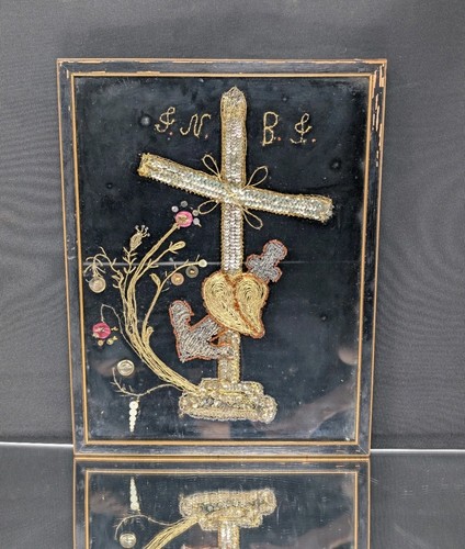 A 19th c. VICTORIAN Mourning Embroidery FRAMED Cross & Sailor Anchor ANTIQUE