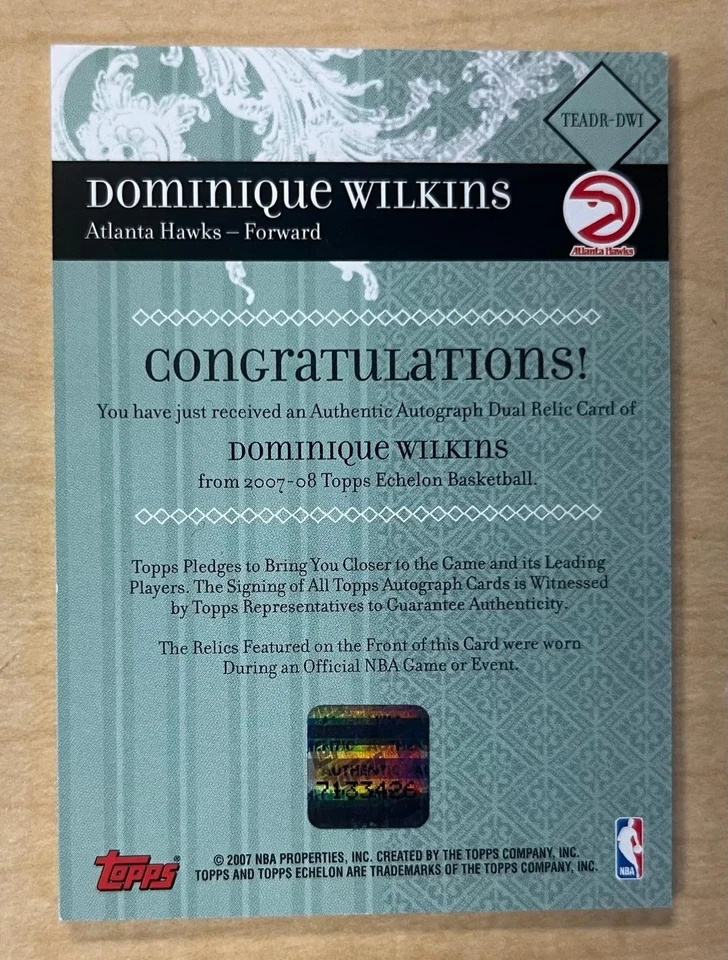 2007-08 Topps Echelon Доминик Уилкинс Авто Двойная Футболка /50 ЗОЛОТО #TEADR-DWI - Изображение 2 из 2