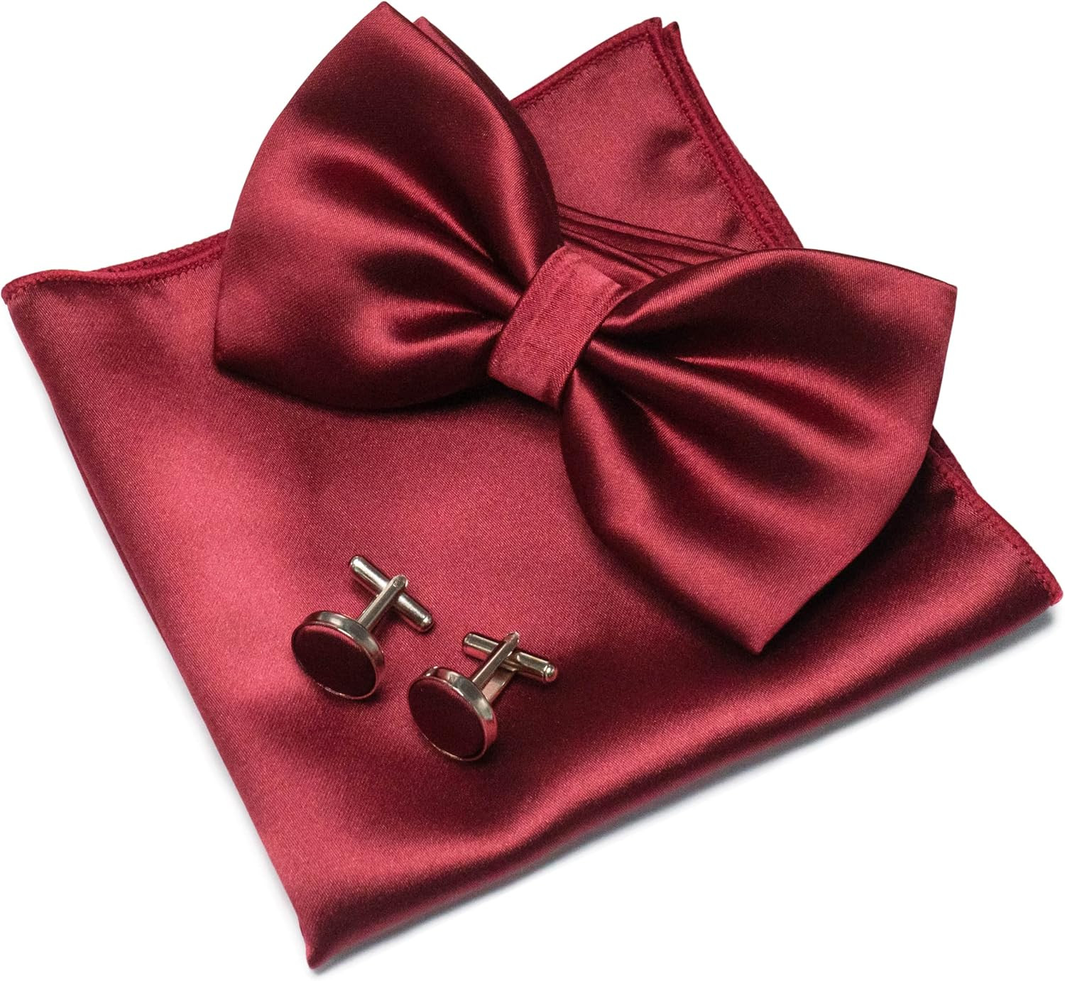 Solid Color mens Pre-tied Bow Tie and Pocket Square Cufflink