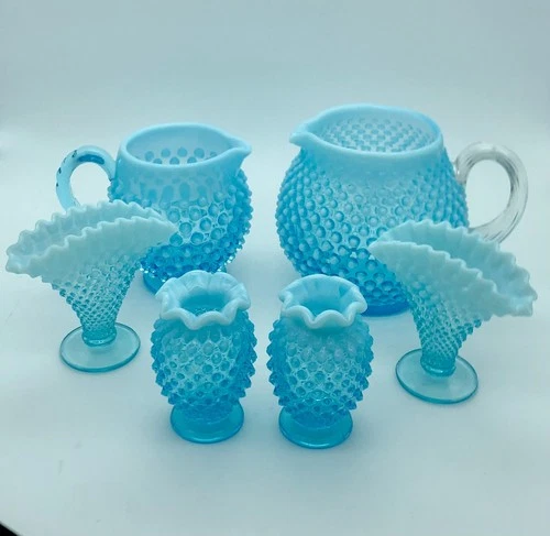 Lot FENTON Glass Blue Hobnail Opalescent Ombré Pitchers & Vases Vintage Set (6)