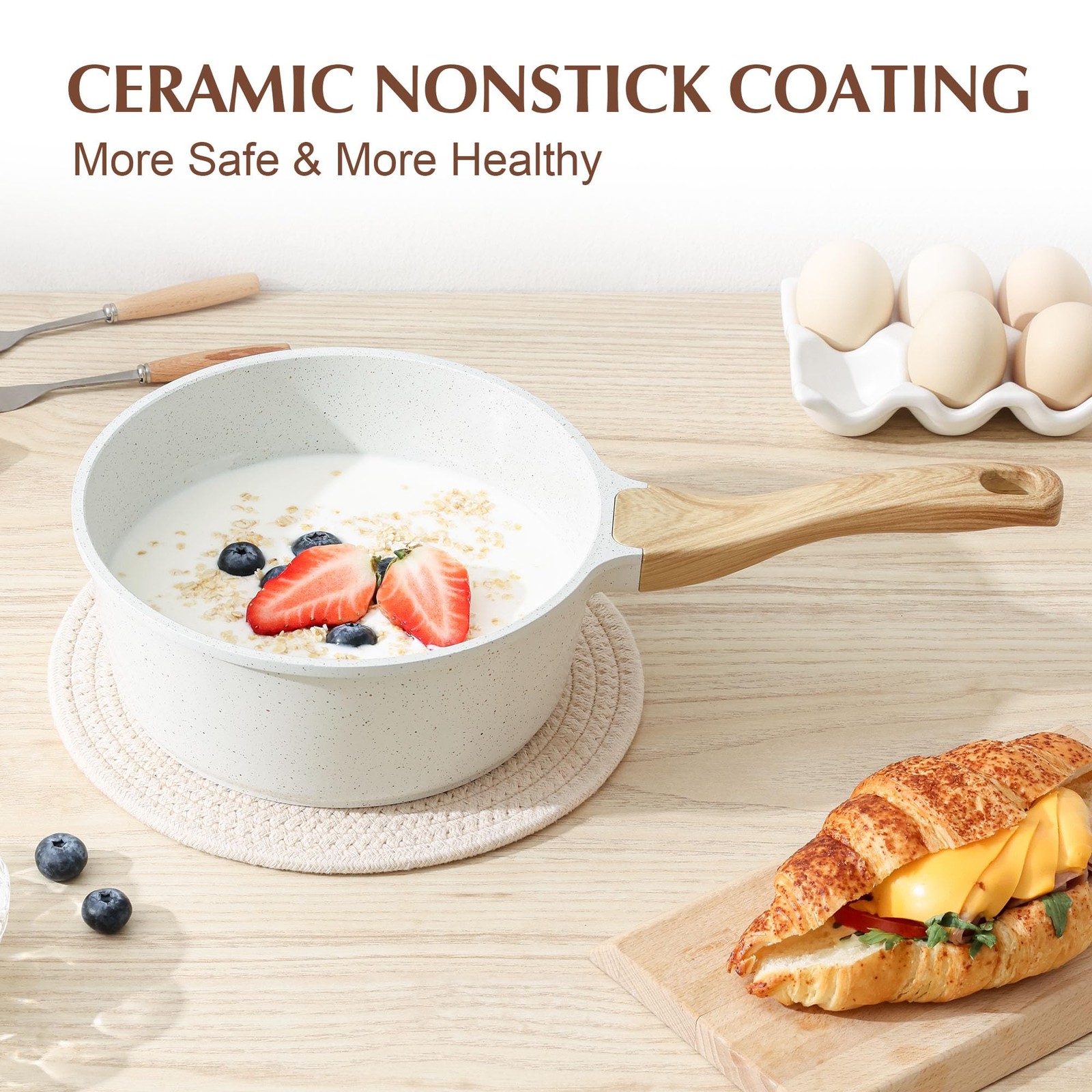 SENSARTE White Ceramic Nonstick Saucepan with Lid 1.5 Quarts, Small Cooking P...