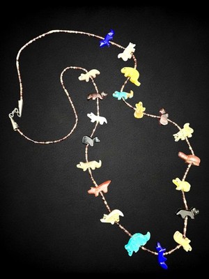 Vintage Zuni Fetish Necklace 31  Stone Animal Carvings 20 Totems Heishi Sterling