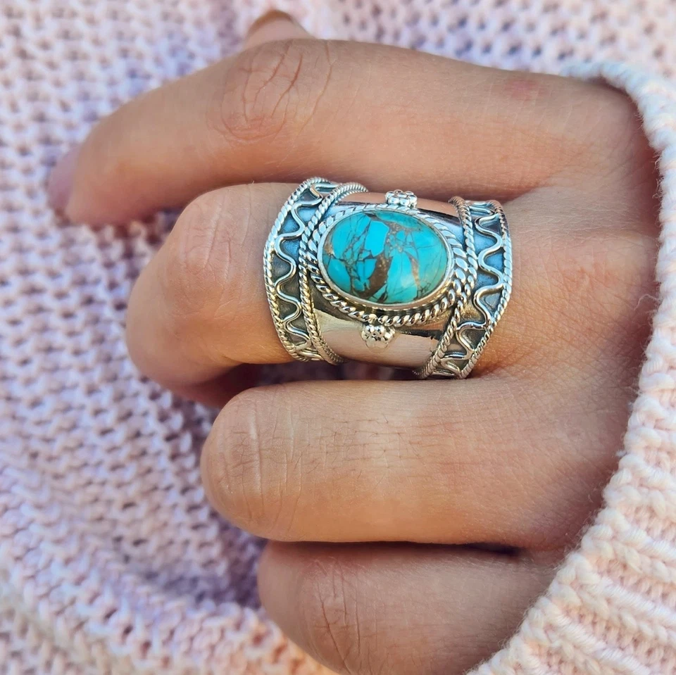 Anillo Turquesa Genuino Plata de Ley 925 Boho Cobre Turquesa Anillo Distintivo Foto 4 de 4
