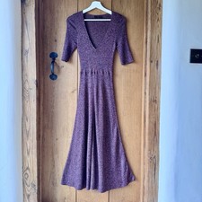 ZARA Womens Purple Metallic Lurex Knit Midi Dress Size M V-Neck Ribbed Sparkly