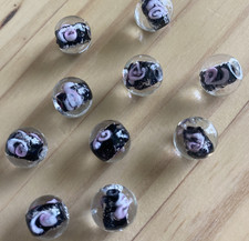 10 BLACK PINK FLOWER ROUND BEADS glass lamp work 12mm - Jewelry