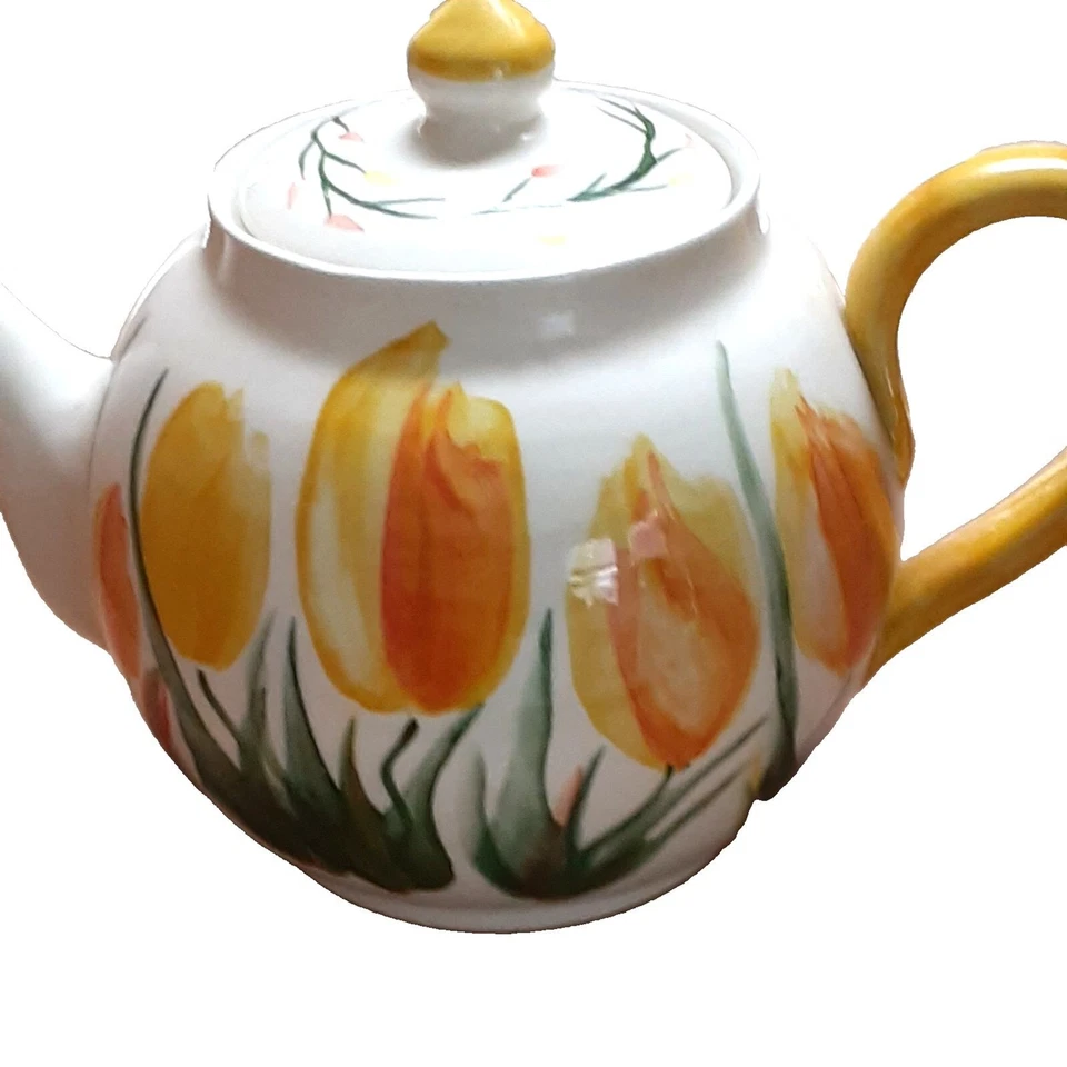 Tetera artesanal vintage Vermont cerámica firmada soleada amarillo tulipanes cerámica Foto 2 de 4
