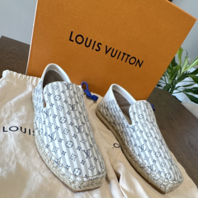 Louis Vuitton Men's White Gray Logo Espadrille Slip-On Canvas Shoes