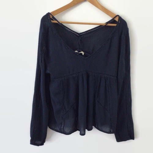 Abercrombie & Fitch Damen Top Gr. Small Marineblau Langarm Boho V-Ausschnitt