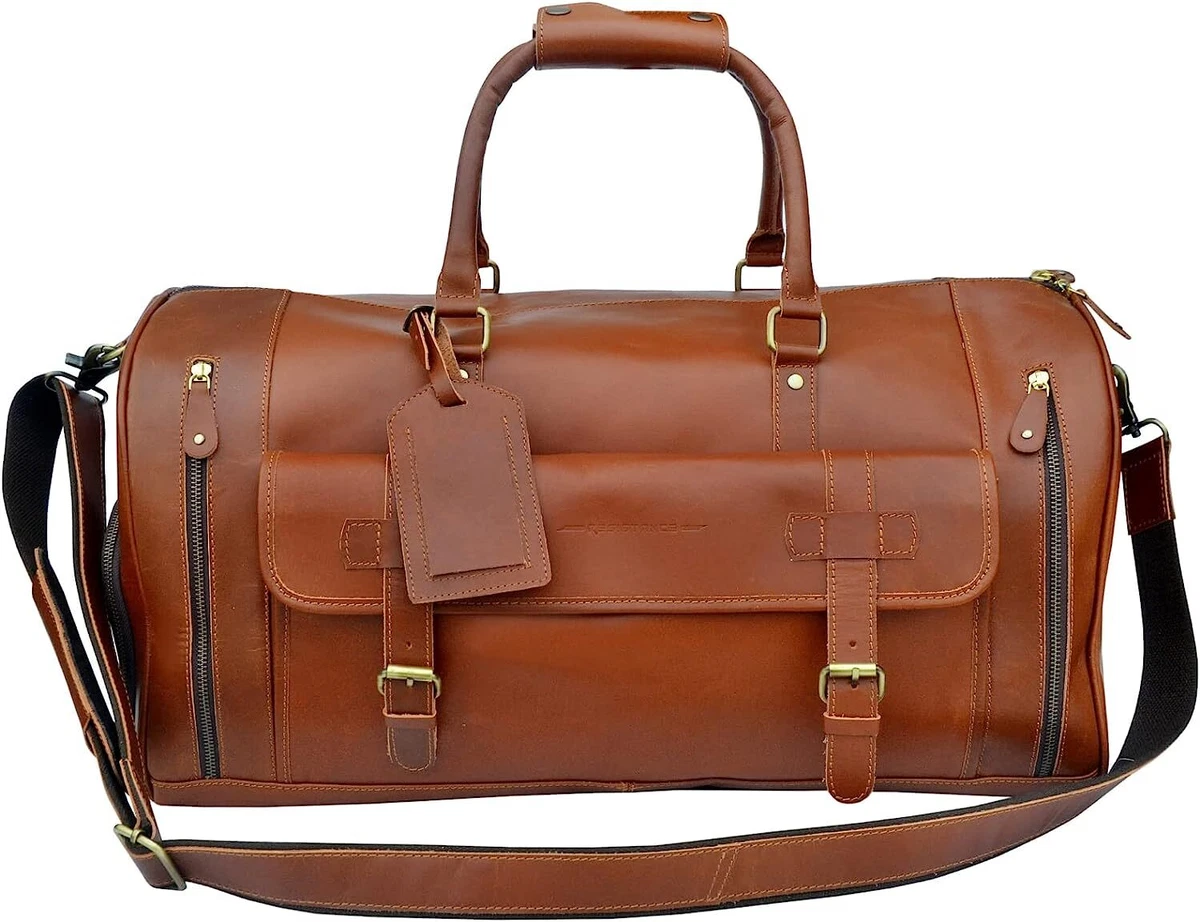 Genuine Full Grain Leather Duffle Bag Stylish Barrel YKK Zipper