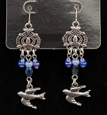 Handmade Sparrow Bird & Blue Glass Bead Chandelier Earrings by Neanie-Bot