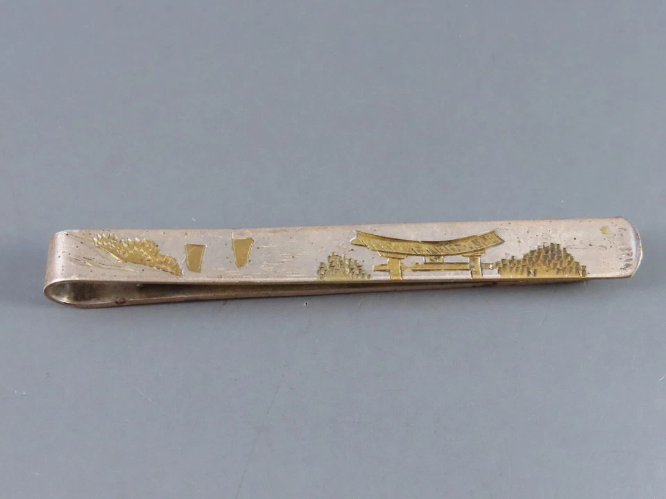 VTG 950 SILVER More Than Sterling JAPANESE TIE BAR Mount Fuji Pagoda Scene GOLD - Image 2 of 4