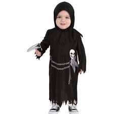 Infant Grim Reaper Skeleton Baby Halloween Costume includes Tunic, Hood Rattle