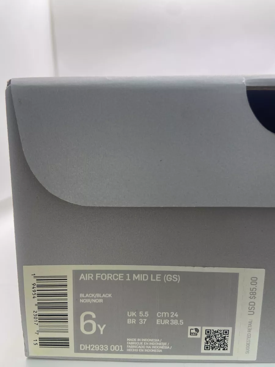 NIKE AIR FORCE 1 MID LE AF 1 GS BLACK BLACK KIDS SIZE 6Y STYLE