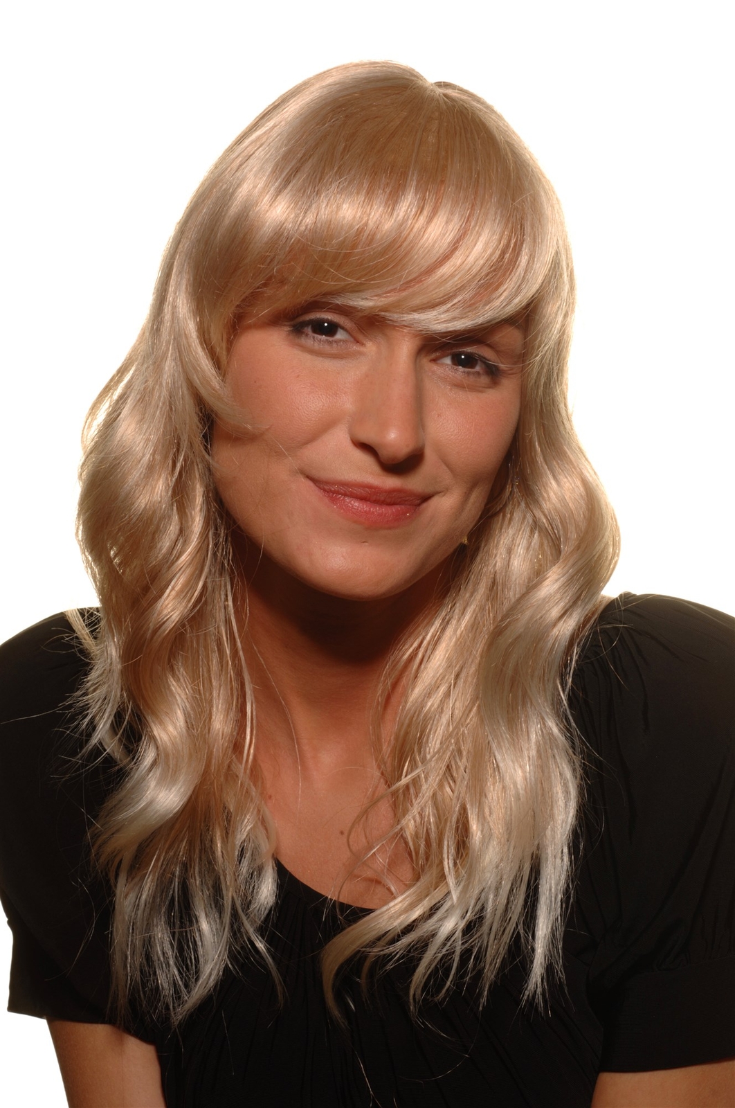 Women's Wig Long Wavy Blonde Highlights Light Wetlook Bangs 5019