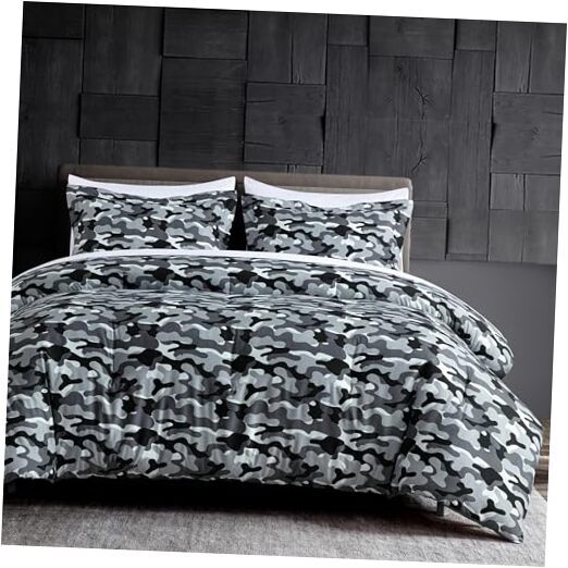 Soft Microfiber Printed Military Camo Bedding Set 3-Piece Gray Queen Black