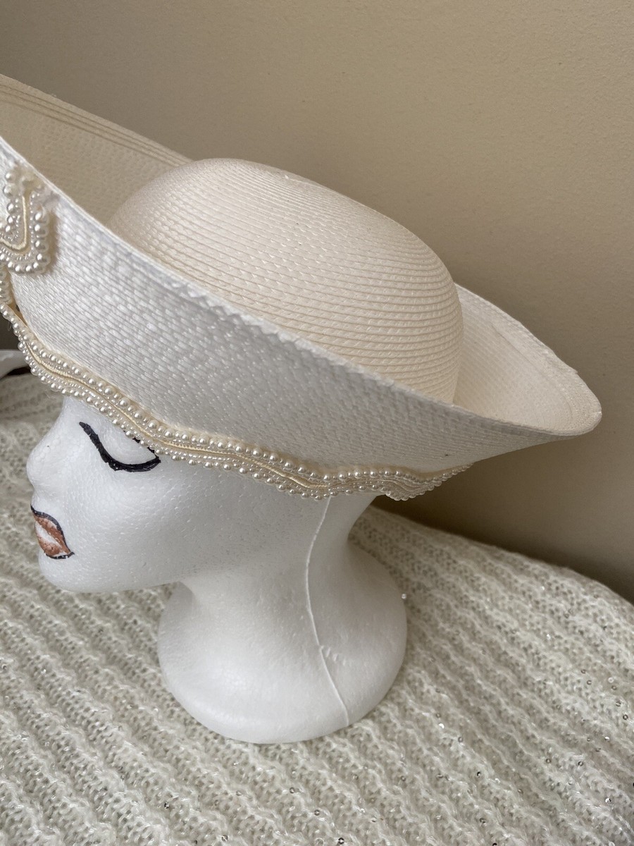 Really Cute Off White Mr. John Pearl Embellished Church Hat  display picture 2