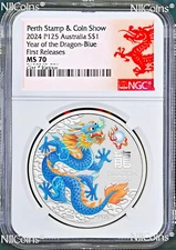 2024 Silver Lunar Year Dragon Blue NGC MS70 1oz $1 Perth Stamp-Coin Show Red LB