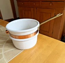 Vintage 6" White Ceramic Double Boiler Insert with Brass Handle & Copper Band