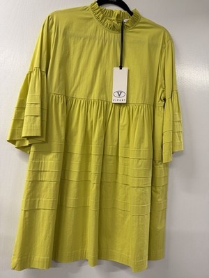 VIPART Yellow Mock Neck Ruffle Knee Length A-Line Dress 3/4 Sleeve Women