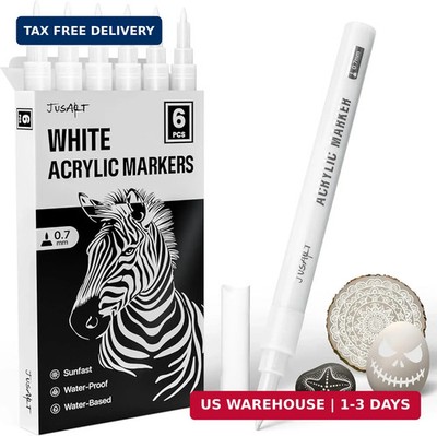 JusArt 6 Pack White Permanent Markers, 0.7mm Fine Point Acrylic Paint Pens for R
