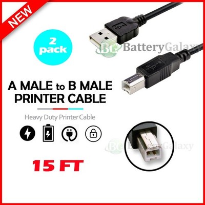 2 Pack 15FT 15FEET USB 2.0 A TO B HIGH SPEED PRINTER SCANNER CABLE CORD Black