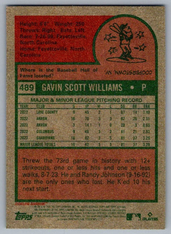 2024 Topps Heritage Gavin Williams Rookie Cleveland Guardians #489 - Image 2 of 2