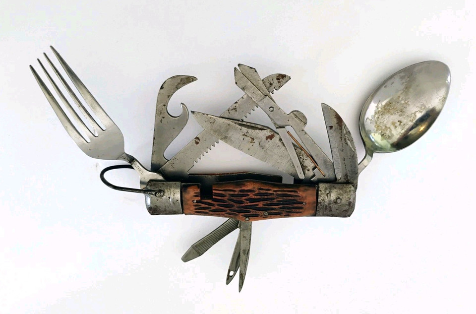 A vintage 'hobo knife' with 11 implements including a spoon and fork — a charming, fully functional piece of camping history that's equal parts tool and storytelling artifact.